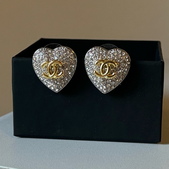 CHANEL Jewelry - Chanel Stunning Silver Heart Shaped w/ crystals & Gold double C post earrings